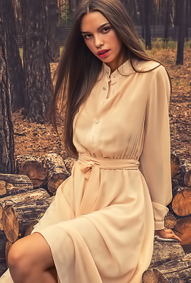 Alina stripping long dress in the woods