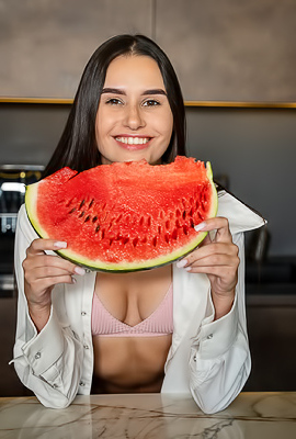 Cristin Tantalizes On Marble Counter With Watermelon And Pink Lingerie