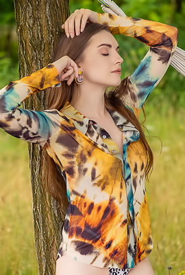 Monika May Seductive Beauty Unbuttons Her Shirt And Caresses Her Lovely Breasts